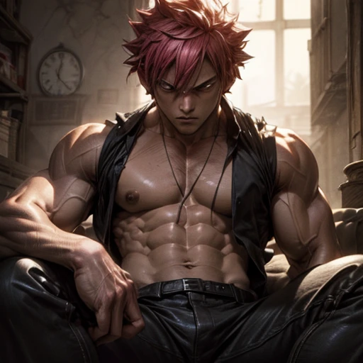 A muscular Natsu Dragneel is depicted on a sofa in this ultra-detailed and realistic illustration. His bare chest commands attention, showcasing his defined physique. The focus is on the upper body, specifically emphasizing his sculpted arms and chiseled a...