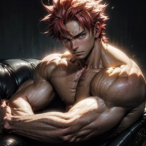 A muscular Natsu Dragneel is depicted on a sofa in this ultra-detailed and realistic illustration. His bare chest commands attention, showcasing his defined physique. The focus is on the upper body, specifically emphasizing his sculpted arms and chiseled a...