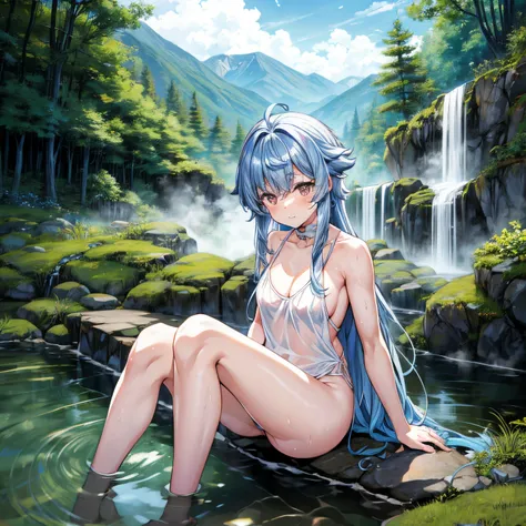 beauty legs、Overexposed、Scenery of hot springs、hide with steam、silber hair、hair is slightly longer than shoulders、pet walrus、Pet snuggles。natta