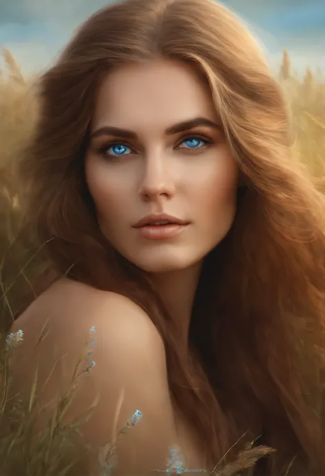 photograph of a woman with long hair and blue eyes in a field, anatomically correct drawn body, beautiful fantasy art portrait, fantasy art portrait, fantasy portrait art, beautiful fantasy portrait, fantasy portrait, gorgeous digital painting, beautiful d...