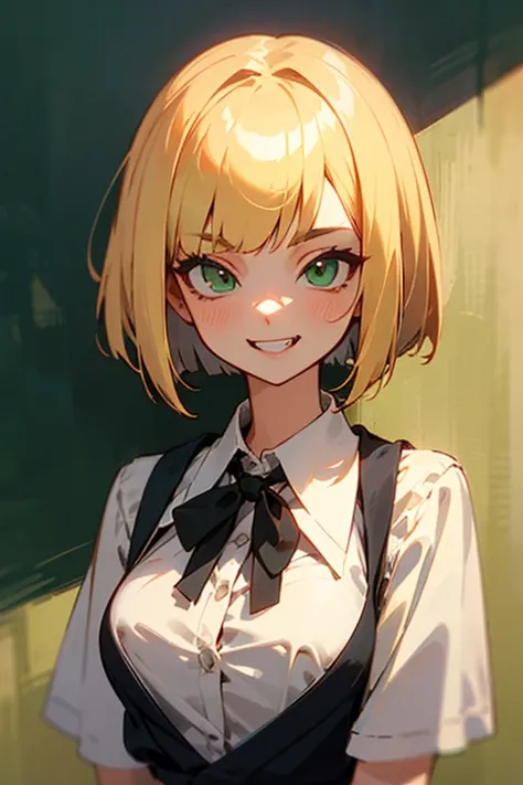 master piece, best quality, Blonde hair, bob cut, green eyes,  school girl, 1girl, cat eye, gal, fang , grin, big chest