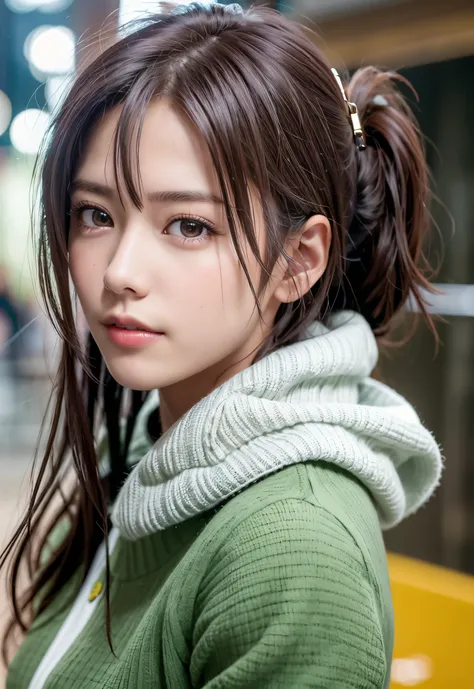 8K, of the highest quality, masutepiece:1.2), (Realistic, Photorealsitic:1.37), of the highest quality, masutepiece, Beautiful young woman, Pensive expression,、A charming、and an inviting look, skiing、snowboarder、Ski Wear, Hair tied back, Cinematic backgrou...