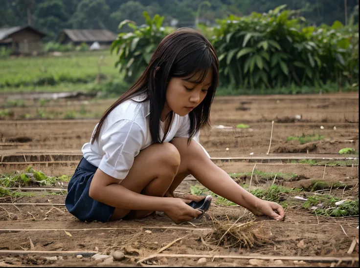 Seorang anak kecil gemuk sambil teriak "Daeng Ichal" pakai sarung berlari sambil menangis di pematang sawah dikejar ibunya pakai sapu suasana pedesaan, realistik