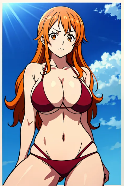 Anime style、Best Quality、high-level image quality、hight resolution、1girl in、pretty eyes、Orange hair、Long、Orange eyes、large full breasts、The bikini、Excellent style、On board、Skysky、closed up breasts、Nami (One Piece)