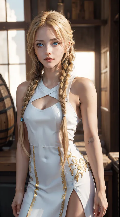 Young female warrior with golden blond hair and tanned skin., her blue eyes pierce the air, her face is decorated with several freckles, Viking woman in white dress, her hair is styled long, straight braid, ((sexypose, sexy clothes)), (skin texture:1.1), (...