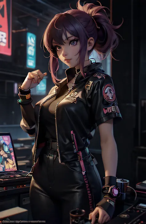 There is a woman playing a game with the DJ.., anime style 4 k, Anime style. 8K, anime styled 3d, digital cyberpunk - anime art, Digital Cyberpunk Anime Art, anime vibes, realistic anime 3 d style, digital art in anime style, digital art in anime style, di...