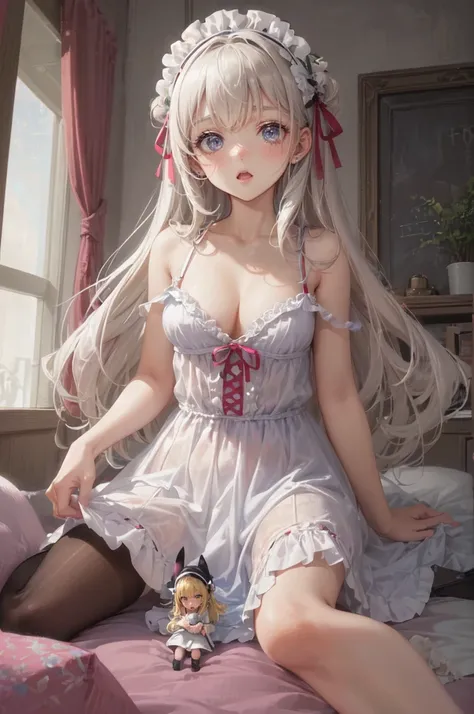 cute girls bedroom, fluffy, a giantess with a minigirl in front of her breasts, a giantess looking down at a minigirl, cleavage,  extremely cute, fluffy dress, yellow hair, frills, bow, tiny breasts, tall, minigirls, (minigirl:1.2), multiple girls, tiny be...