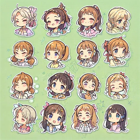 (sticker), nine expressions, 1 cute girl head, (arranged neatly:1.2, spaced separately:1.2, not overlapping:1.2), Clear lines, clean background, White background