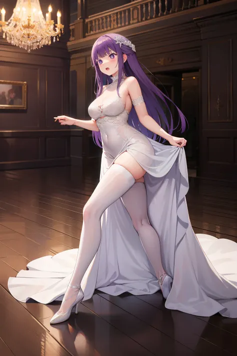 masterpiece, best quality, highres, aarurutie,1girl, wedding dress, white tight dress, dances with a partner, a large royal ballroom in the background, inside a knights castle open mouth, long straight purple hair, purple clean eyes