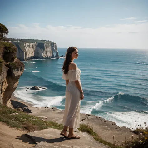 A candid photograph of a woman standing at the edge of a cliff overlooking the ocean in an art nouveau style.