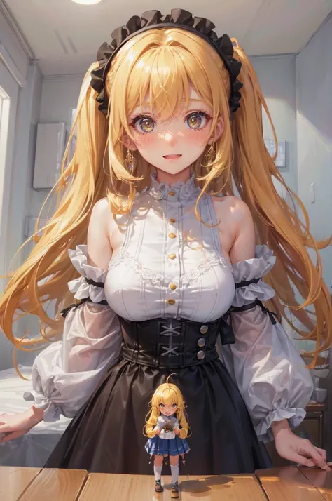 (height_difference:1.2), (size_difference:1.1), (2girls:1.4), a giantess and a minigirl on a bed, (giantess:1.1), minigirl, (high quality), adult women, yellow hair