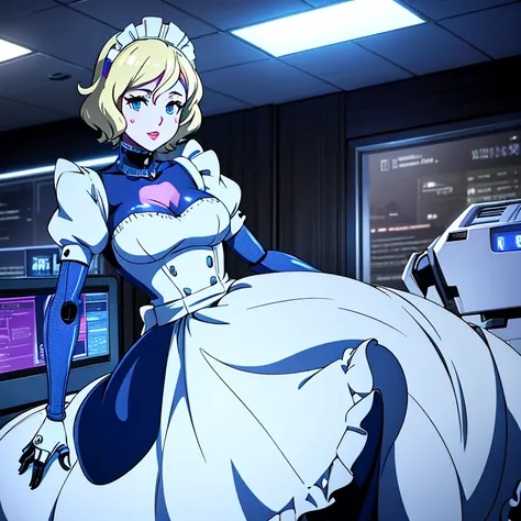 A robot maid woman with a blue digital screen face, vintage styled hair like Marilyn Monroe and proper maid skirt, she has robotic limbs