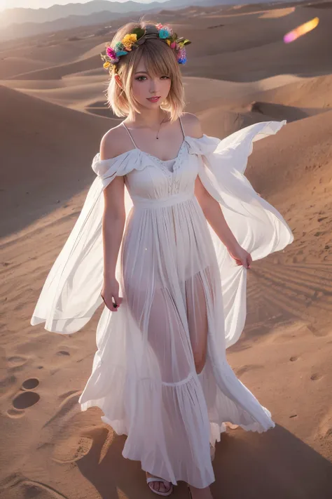 1girl, tayror swift, (long dress), smile, american idol, in the desert, masterpiece, high quality, beautiful, 4k, beautiful detailed, glow, multiple color hair, from above, depth of field, light particles, HDR, Rembrandt lighting, colorful refraction, lens...