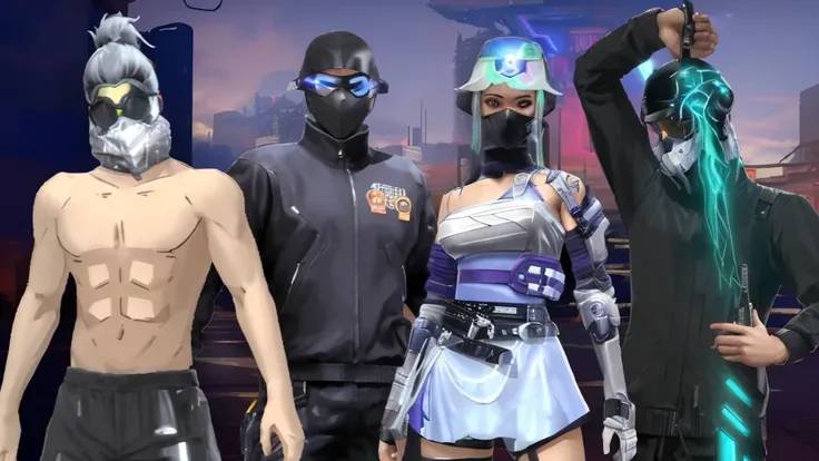 there are four different costumes of a man and a woman, cyberpunk outfits, diverse outfits, cyber universe style, ninja outfit, wearing cyberpunk streetwear, lunar themed attire, cyberpunk clothes, futuristic clothing and helmet, cyberpunk streetwear, dead...