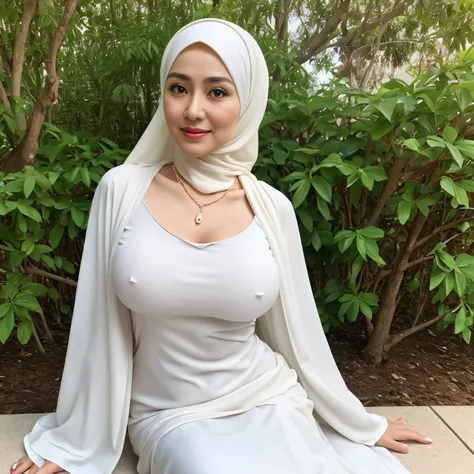 46 Years old, Indonesian mature woman, wearing Hijab, white skin like porcelain, Perfect body, Full body, natural Gigantic mature breast, Hard Nipple Erection, gorgeous eyes, Soft smile, wear a Baju kurung, Tight Baju Kurung, Heart necklace, Breast about t...