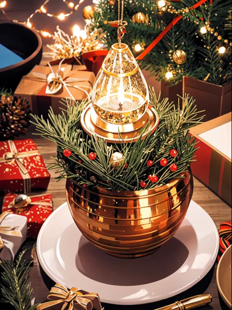 (best quality,4k,8k,highres,masterpiece:1.2),ultra-detailed,realistic,gifts,table,Christmas tree,decorations,wrapping ,bows,ribbon,presents,holiday spirit,vibrant colors,warm lighting,cozy atmosphere,toys,cards,candles,snowflakes,joyful,celebration,exquisi...