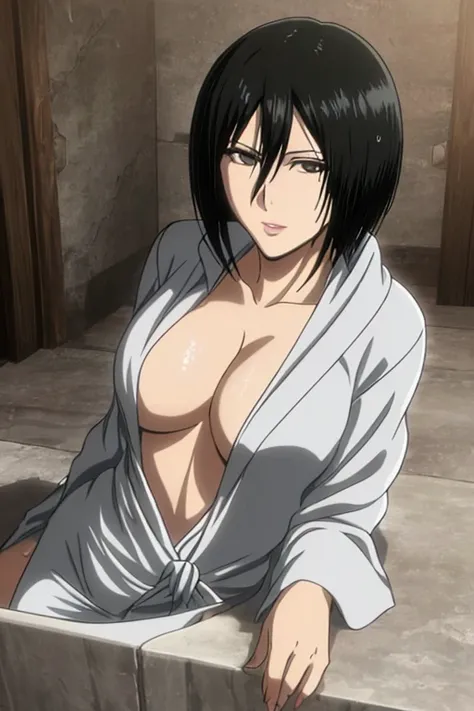 1girl, mikasa ackerman, (black hair:1.3), hair between eyes, short hair, sideburns, gray eyes, lips, deep cleavage, big breasts, solo, lips, masterpiece, best quality, bathrobe, just out of bath, wet, sexy