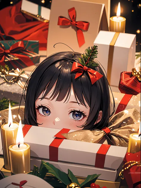 (best quality,4k,8k,highres,masterpiece:1.2),ultra-detailed,realistic,gifts,table,Christmas tree,decorations,wrapping ,bows,ribbon,presents,holiday spirit,vibrant colors,warm lighting,cozy atmosphere,toys,cards,candles,snowflakes,joyful,celebration,exquisi...