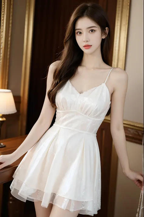 Sweet girl dress 2,a skirt, ((cowboy shot)), ((ultra-realistic realism+pure)，The eyes are bright，white skin skin)，hight contrast，high-definition picture quality，Dynamic tilt，a tall nose，Magnificent palace，Flare effect，Realistic details，Unity 8k壁纸，Super fin...