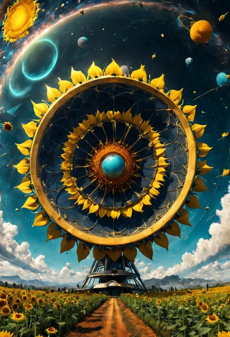 Sunflower shaped huge radar, out space, surrealistic, whimsical, ultra-wide-angle, octane render, enhance, intricate, (best quality, masterpiece, Representative work, official art, Professional, unity 8k wallpaper:1.3)