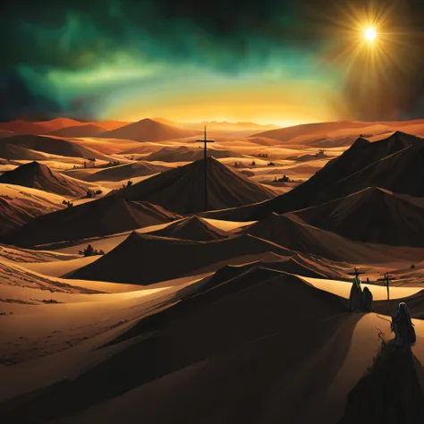 create an amazing matte painting for the classic Christmas card, obra prima de uma pintura, add an illustration of a desert scene with dunes and in the background a manger with baby Jesus and a bright beam of light, multicolored light coming from the starr...