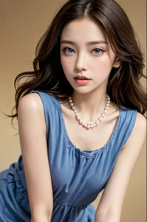 Sweet girl clothes2,pearl necklace,blue dress,flower,, ((cowboy shot)), leaning forward, (Surrealistic + pure), exquisite beautiful eyes, High contrast, HD quality, Dynamic tilt, High nose, Flare effect, realistic details, Official art, Masterpiece, Unity ...