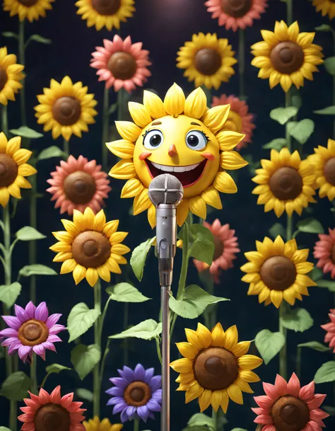 （character  design）， (5 cute sunflowers wearing different colors standing in front of a microphone and singing, anthropomorphic ...