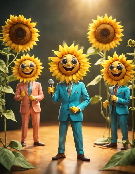 （character  design）， (5 cute sunflowers wearing different colors standing in front of a microphone and singing, Anthropomorphic and happy）, Happy anthropomorphic sunflower，Holographic Color Set,Smiling, big bright eyes, Background with：stage，neonlight，like...