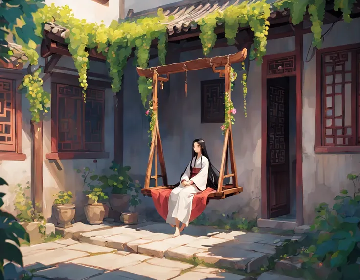 Ancient china, a china-style ancient courtyard house with trees and flowers, grape vines, spring morning, a simple wooden swing in the courtyard, a girl with long black hair wearing flowing robes sit sleep on the swing