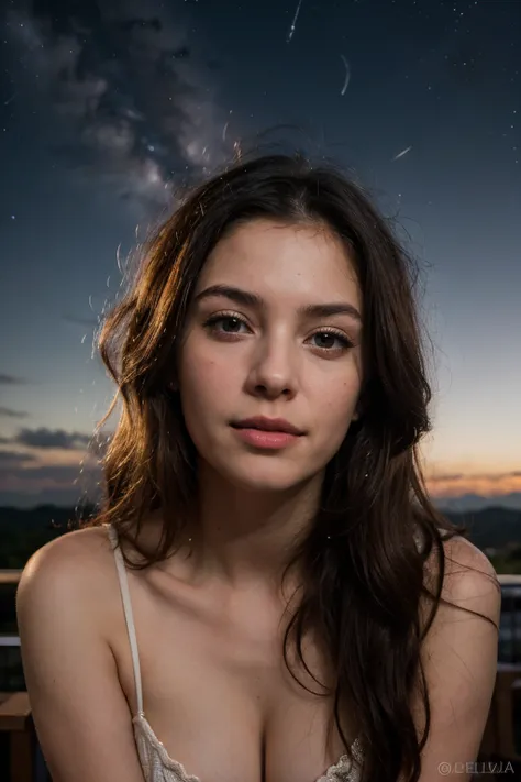 High detail, Super Detalhe, super high resolution, Girl enjoying her time in the galaxy of dreams, cercado por estrelas, luz quente aspergida sobre ela, background is starry sky with colorful galaxies and clouds of galaxies, estrelas voando ao seu redor, r...