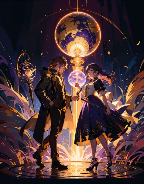 The image depicts a fantastical scene with two mythical creatures, a golden-haired woman in a golden dress and a purple-haired woman in a purple dress, standing on either side of a large dark circle. The golden-haired woman is holding a glowing globe, whil...