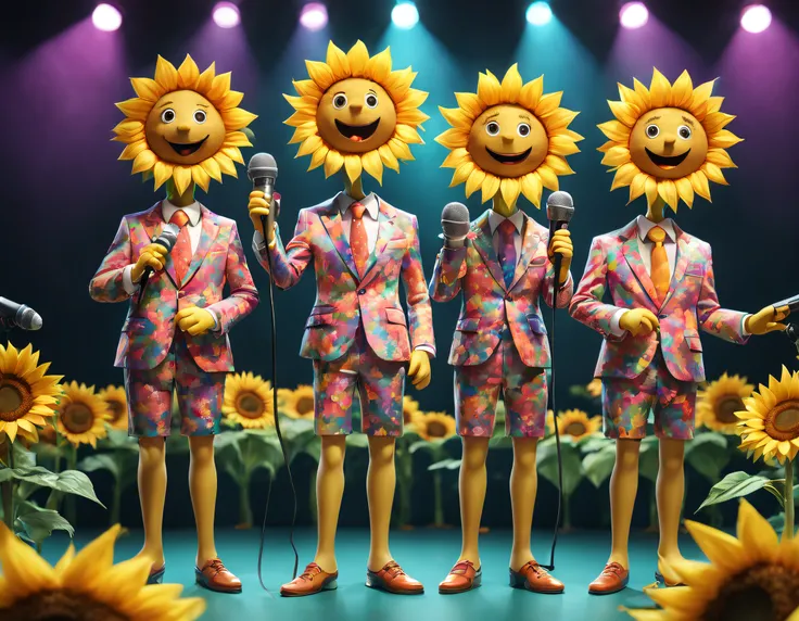 (character  design), (5 cute sunflowers in floral costumes standing in front of a microphone and singing), an anthropomorphic turtle, Happy, and cheerful anthropomorphic sunflowers, Holographic Color Set, Smiling, big bright eyes, Background with: stage, n...