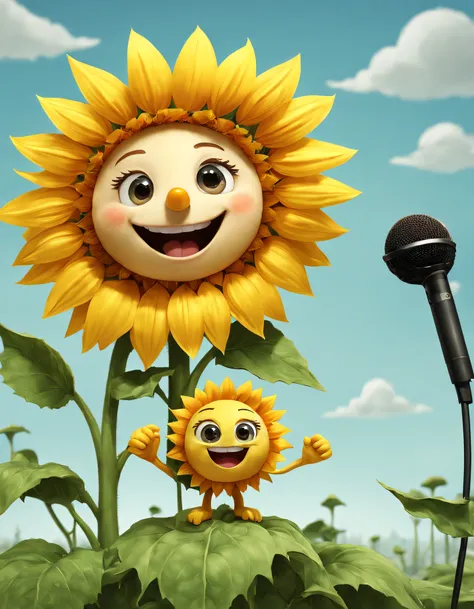 （character  design），Cute sunflower standing in front of microphone and singing excitedly and happily, Anthropomorphic sunflower，Wear a sun hat, Jump and jump, Smiling, big bright eyes, dream-like，Whimsical，fairytale-like, super detailing, pixal style, Vibr...