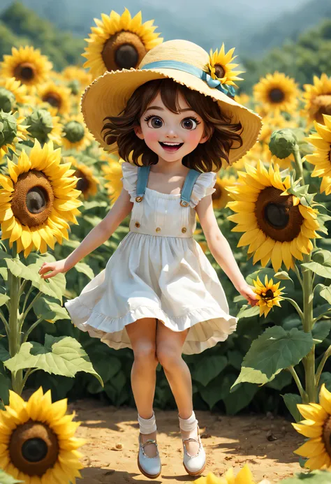 Cute sunflowers, Sing with excitement and joy, Wearing a yellow visor, jump and dance, Smiling, Shiny white fluff, big bright eyes, Delicate and delicate, fairytale-like, super detailing, pixal style, vivd colour, natural soft light, solid color backdrop, ...