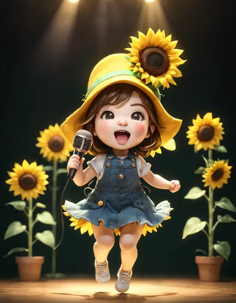 Cute pretty sunflower girl holding microphone and singing, jumping up and down with joy, Wearing a sunflower hat, Full body lesbian, Cute chibi character, neonlight, ultra - detailed, hyper realisitc, Clear and beautiful lighting, gentlesoftlighting, Blend...