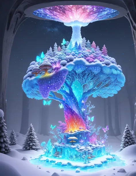 a fairy world，Snow Forest and Create Mushroom Galaxy Sky，Lights create glowing butterflies，large moon，Blue River，SakuraNore followers，4K, wonderful art beautiful minerals, Rainbow crystals, ultra - detailed,  Light up colorful diamonds，jewely，crystal，shine...