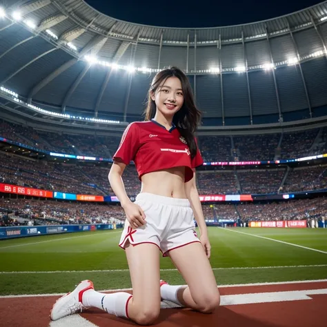 best qualityer，tmasterpiece，超高分辨率，（realisticlying：1.4），highly  detailed，Professional lighting smile，play soccer，In the stadium，Tight crop top and shorts。
信息