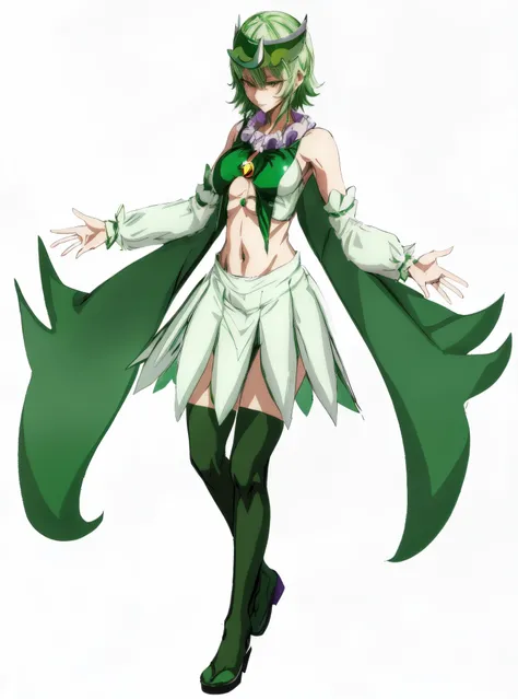 anime character with green cape and white dress and green cape, touhou character, anime woman fullbody art, tatsumaki, rogue anime girl, fus rei, full body concept, full body adoptable, aqua from konosuba, from touhou, art style of rune factory 5, tatsumak...