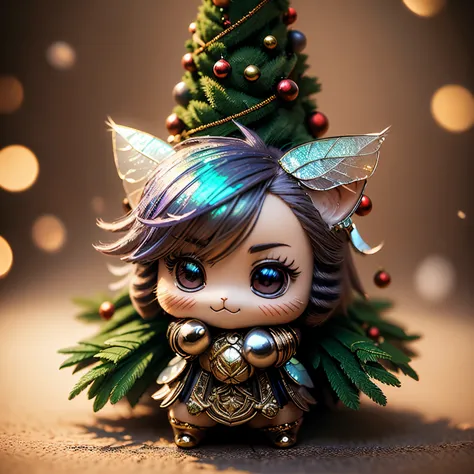 ​masterpiece、top-quality、ultra-detailliert、(Chibi Chara Fairy:1.27),(Iridescent feathers:1.2),(logo block christmas tree:1.1),(Hug the cat fairy:1.2),fairy tale forest,A smile,Full-body standing figure