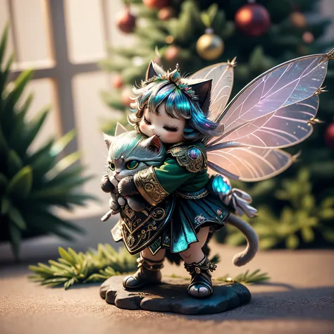 ​masterpiece、top-quality、ultra-detailliert、(Chibi Chara Fairy:1.27),(Iridescent feathers:1.2),(logo block christmas tree:1.1),(Hug the cat fairy:1.2),fairy tale forest,A smile,Full-body standing figure