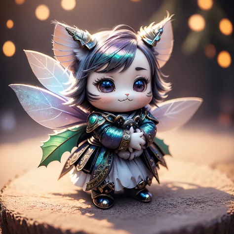 ​masterpiece、top-quality、ultra-detailliert、(Chibi Chara Fairy:1.27),(Iridescent feathers:1.2),(logo block christmas tree:1.1),(Hug the little cat fairy:1.2),fairy tale forest,A smile,Full-body standing figure