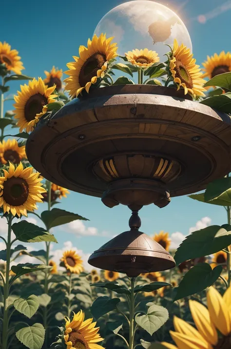 Sunflower theme Unidentified flying object, Sunflower shaped UFO, surrealistic, whimsical, ultra-wide-angle, octane render, enhance, intricate, (best quality, masterpiece, Representative work, official art, Professional, unity 8k wallpaper:1.3)