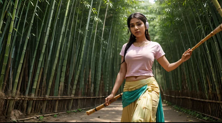 cute 25 years old Tamil Nadu aunty in colorful plain T-shirt and long net skirt and headphone with playing bamboo flute in the bamboo forest