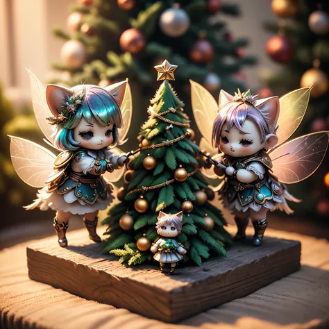 ​masterpiece、top-quality、ultra-detailliert、(Chibi Chara Fairy:1.27),(Iridescent feathers:1.2),(logo block christmas tree:1.1),(little cat fairy:1.2),fairy tale forest,A smile,Full-body standing figure