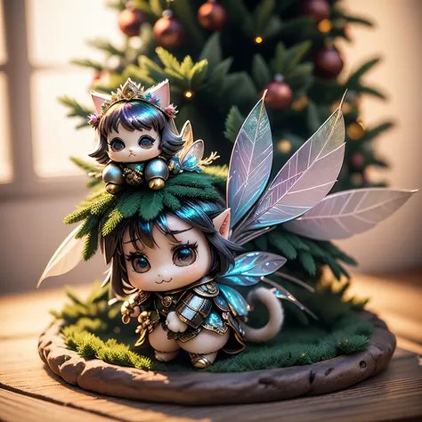 ​masterpiece、top-quality、ultra-detailliert、(Chibi Chara Fairy:1.27),(Iridescent feathers:1.2),(logo block christmas tree:1.1),(little cat fairy:1.2)will be in the gift box,fairy tale forest,A smile,Full-body standing figure