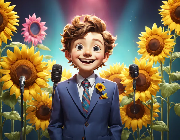 （character  design）， (5 cute sunflowers，Wearing different colored clothes，stand in front of a microphone and sing, Anthropomorphic and happy）, Happy anthropomorphic boy with sunflower，Holographic Color Set,Smiling, big bright eyes, Background with：stage，ne...