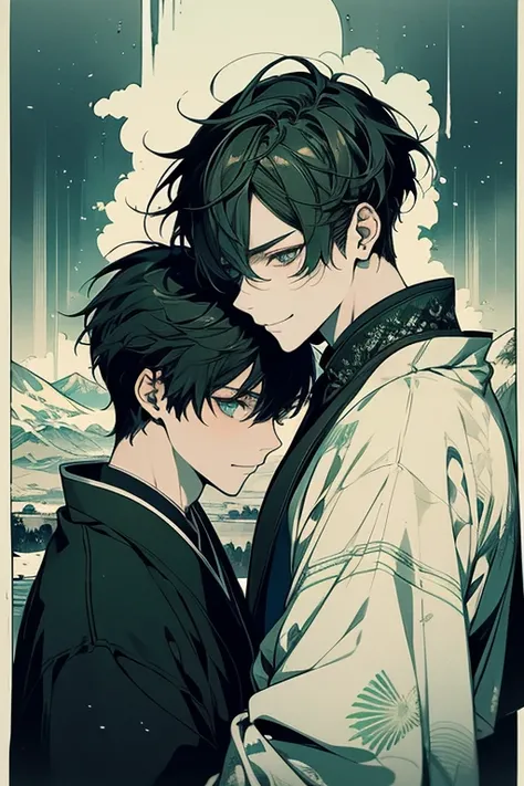 Unparalleled beauty,face perfect、perfect eye、Green pupils、 By Shinkai Makoto、steam、snowscape、Landscape like an ink painting、 (2man),Gay Male Relationships, male people,Kimono、、stare at each other、Smiling,