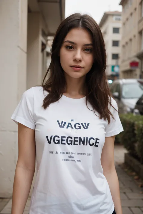 Give a picture of a beautiful woman wearing a plain white short-sleeved shirt with the words AGEL VIANDA written on it