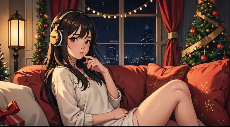 lofi brunette girl sitting on a couch with headphones on and a christmas tree in the background, trending on cgstation, cozy wal...