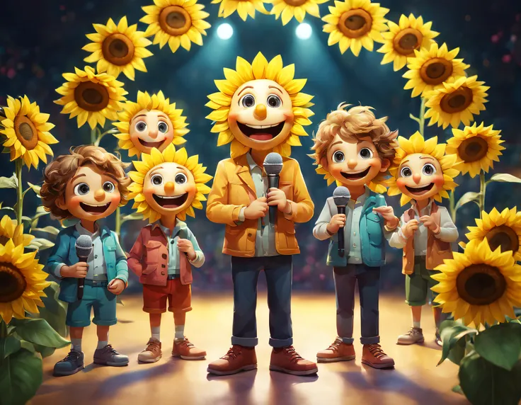 （character  design）， (5 lovely sunflowers，wearing different colored clothes，stand in front of a microphone and sing, anthropomor...